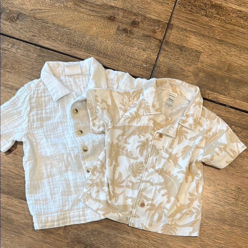 Toddler Short-Sleeve Button Front Shirt - White & Beige